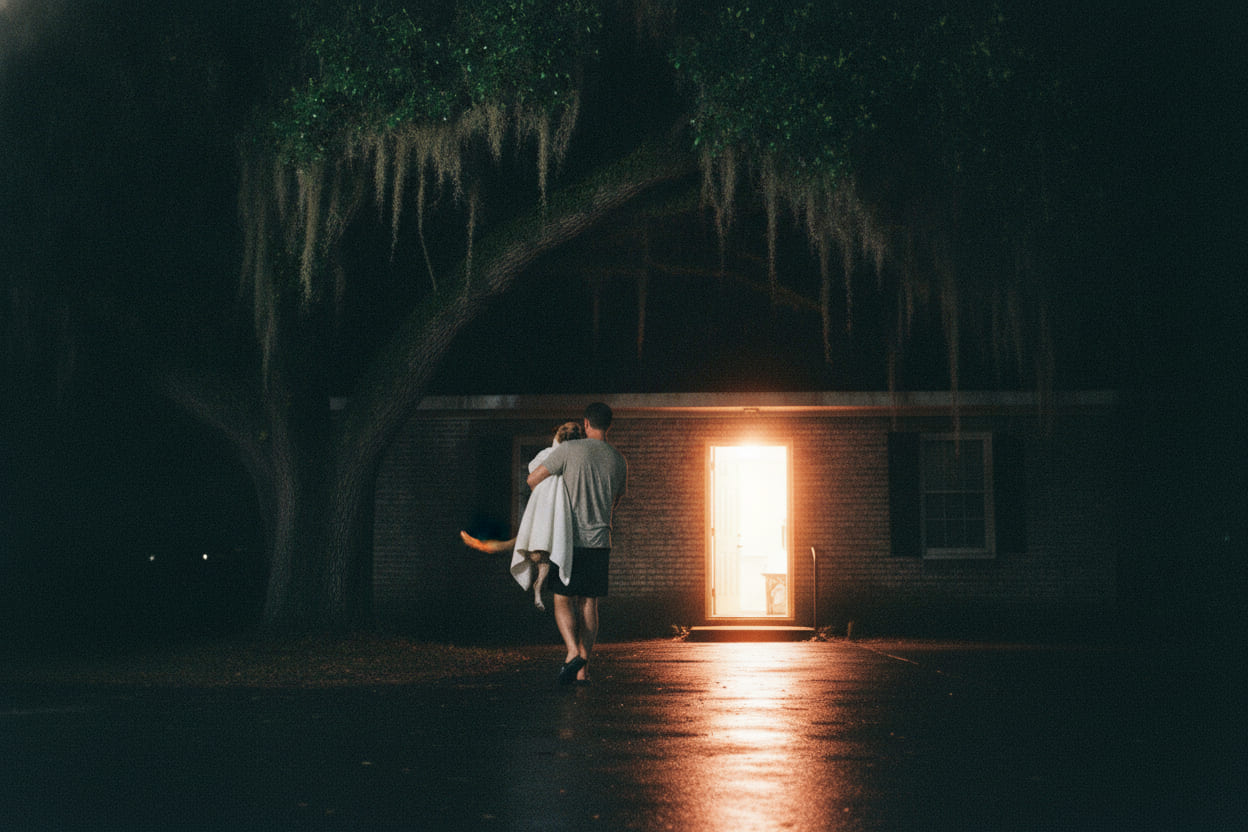 Night: a person carries a towel-wrapped dog toward the single lit doorway of a low brick building, under a live oak hung with Spanish moss.