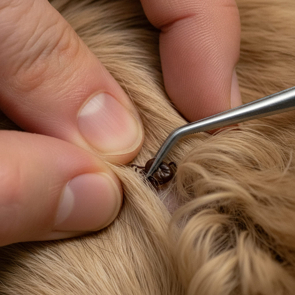Close macro of fingertips parting pale fur while fine-point tweezers close on an engorged tick at the skin line.