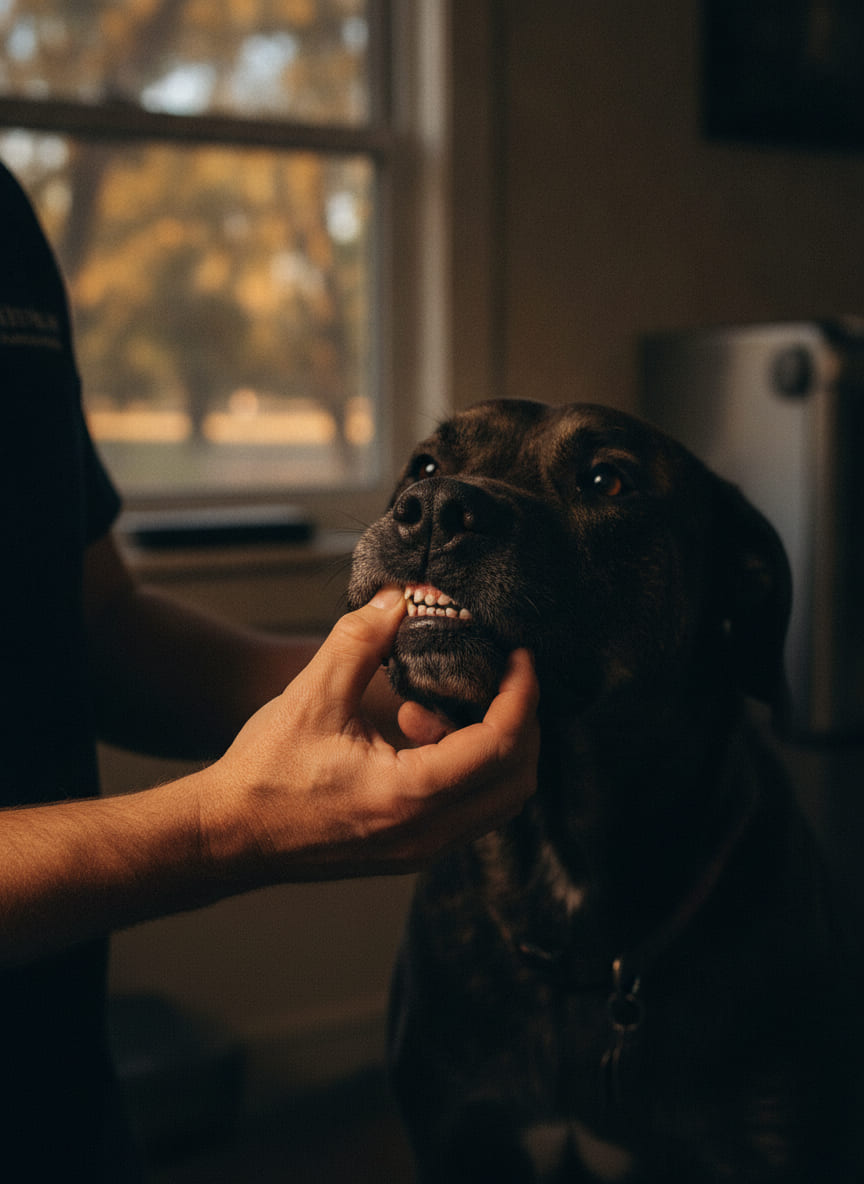 A hand lifting the upper lip of a dark brindle dog to look at the gum above the teeth, the dog calm and looking up.