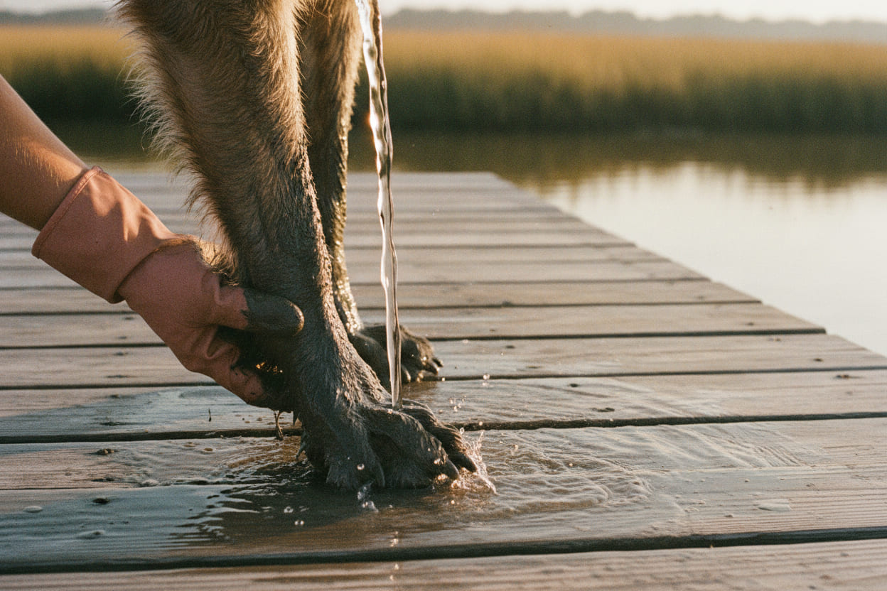 A dog's front legs on weathered dock boards, one paw caked in grey-black marsh mud under a stream of hose water, a tidal creek behind.