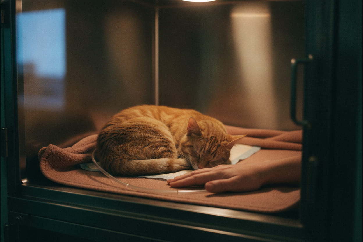Inside a stainless recovery kennel: a sleeping orange cat curled on a clay-pink fleece blanket with thin oxygen tubing, a hand resting flat beside it.