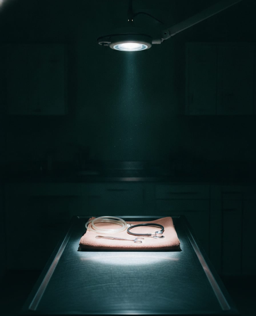 A stainless treatment table at two in the morning under one overhead exam lamp: a folded clay-pink blanket, a coiled line, a stethoscope and one forceps.