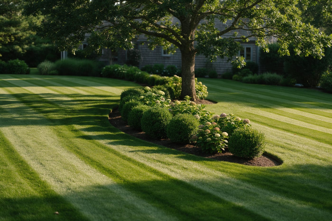 A freshly mown lawn with clean stripes and a crisp bed edge under a mature oak.