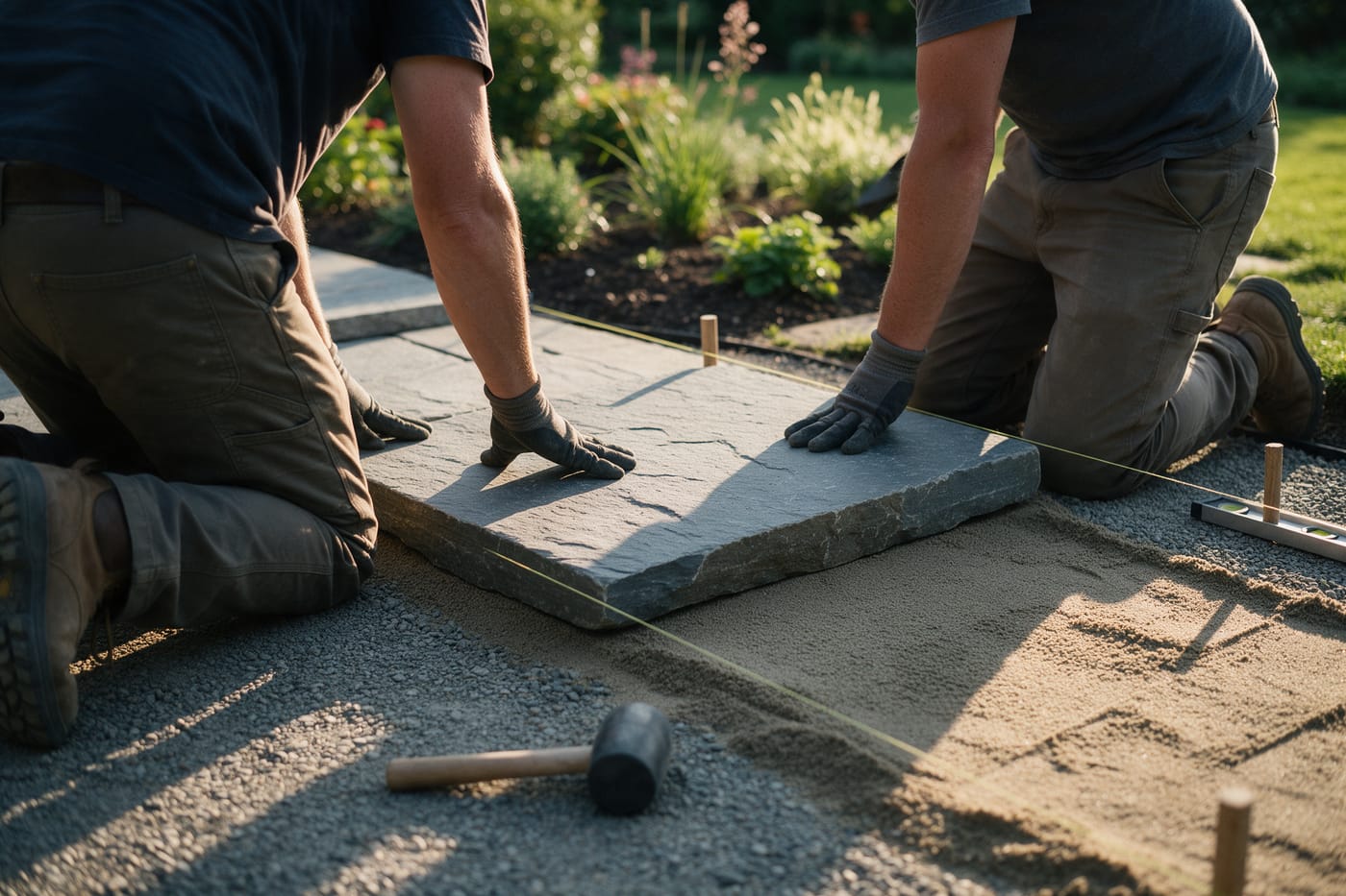 Two crew members kneeling on a gravel base, setting a large bluestone paver onto a screeded sand bed with a string line and a rubber mallet.