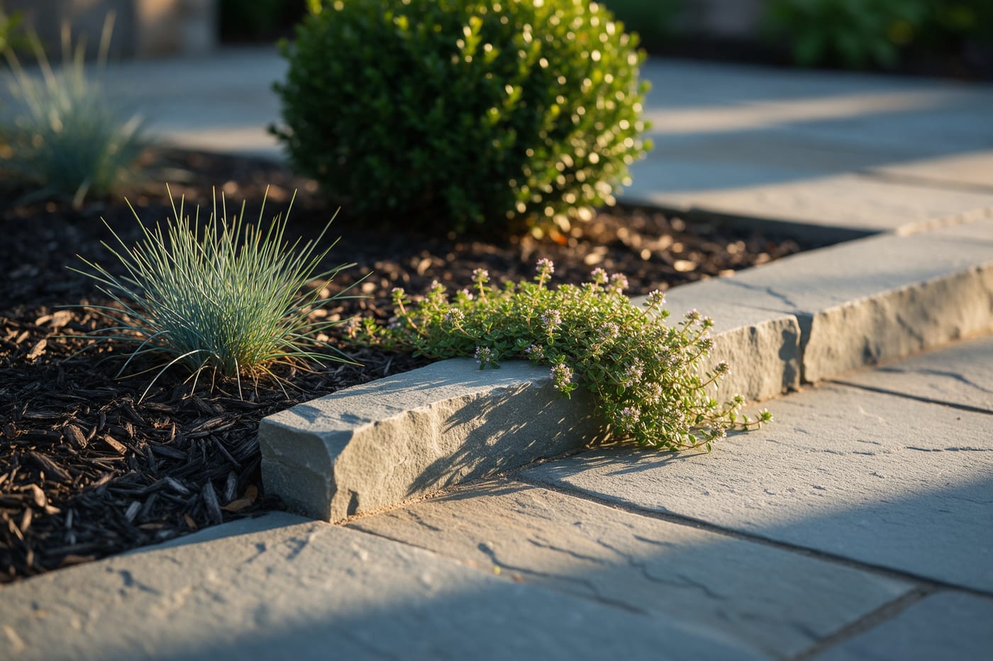 Close detail of a cut bluestone edge meeting a mulched bed, with blue fescue and creeping thyme in low afternoon light.
