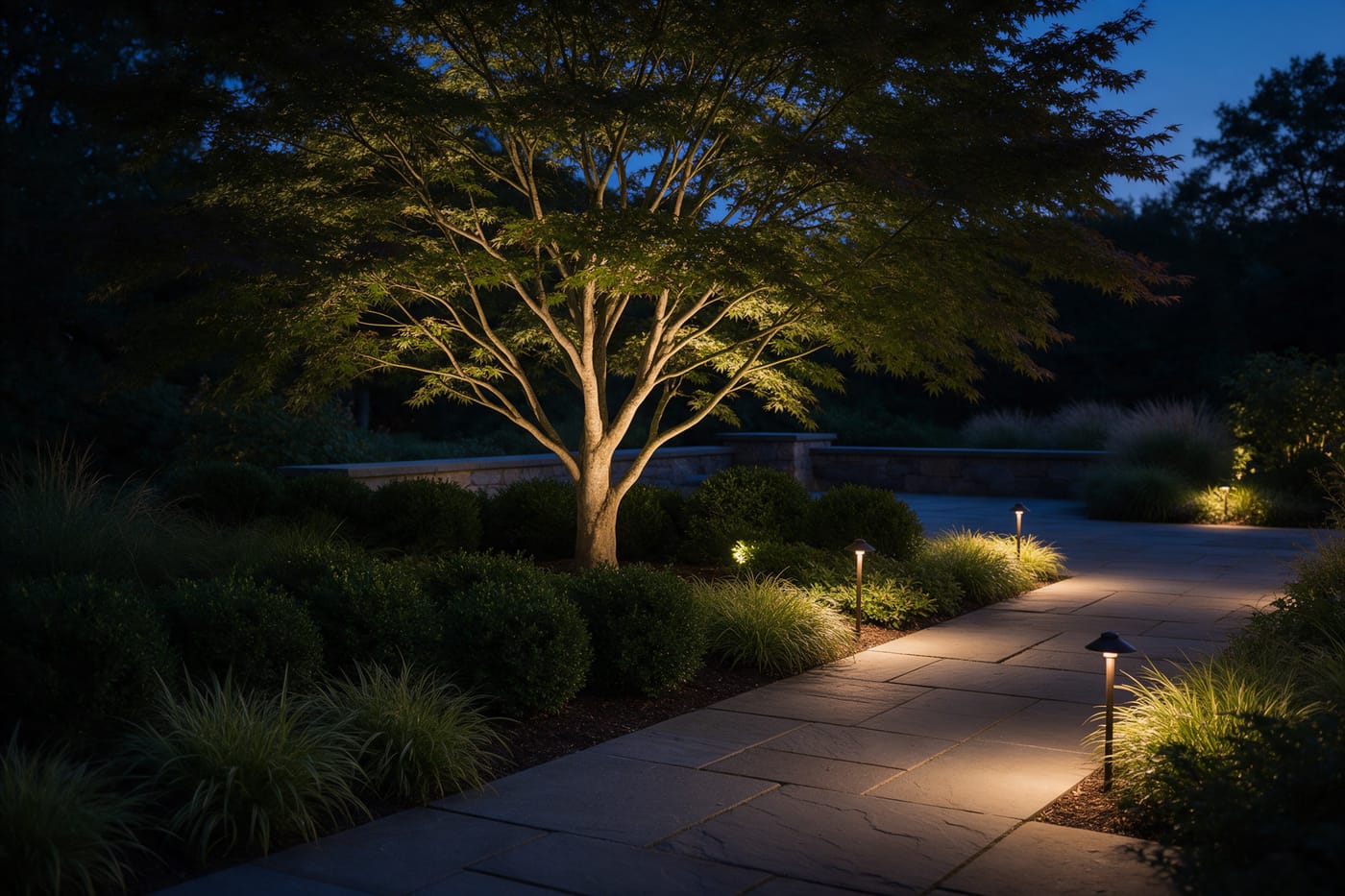 A garden at dusk with warm path lights along a stone walk and an uplit Japanese maple.