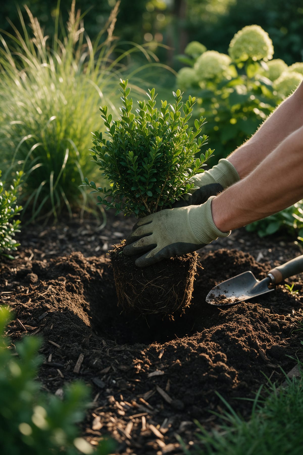 Gloved hands lowering a young boxwood with its root ball into a freshly dug hole in a planting bed.