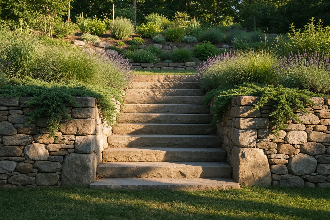 Wide natural stone steps climbing a slope between two dry-stacked retaining walls planted with lavender and grasses.