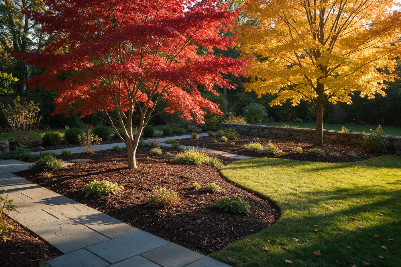 An autumn garden with a red Japanese maple and a gold sugar maple over freshly mulched beds.
