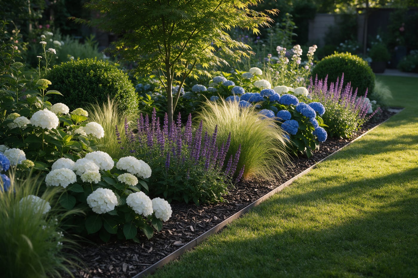 A deep perennial border in bloom with white and blue hydrangea, purple salvia, ornamental grasses and boxwood.