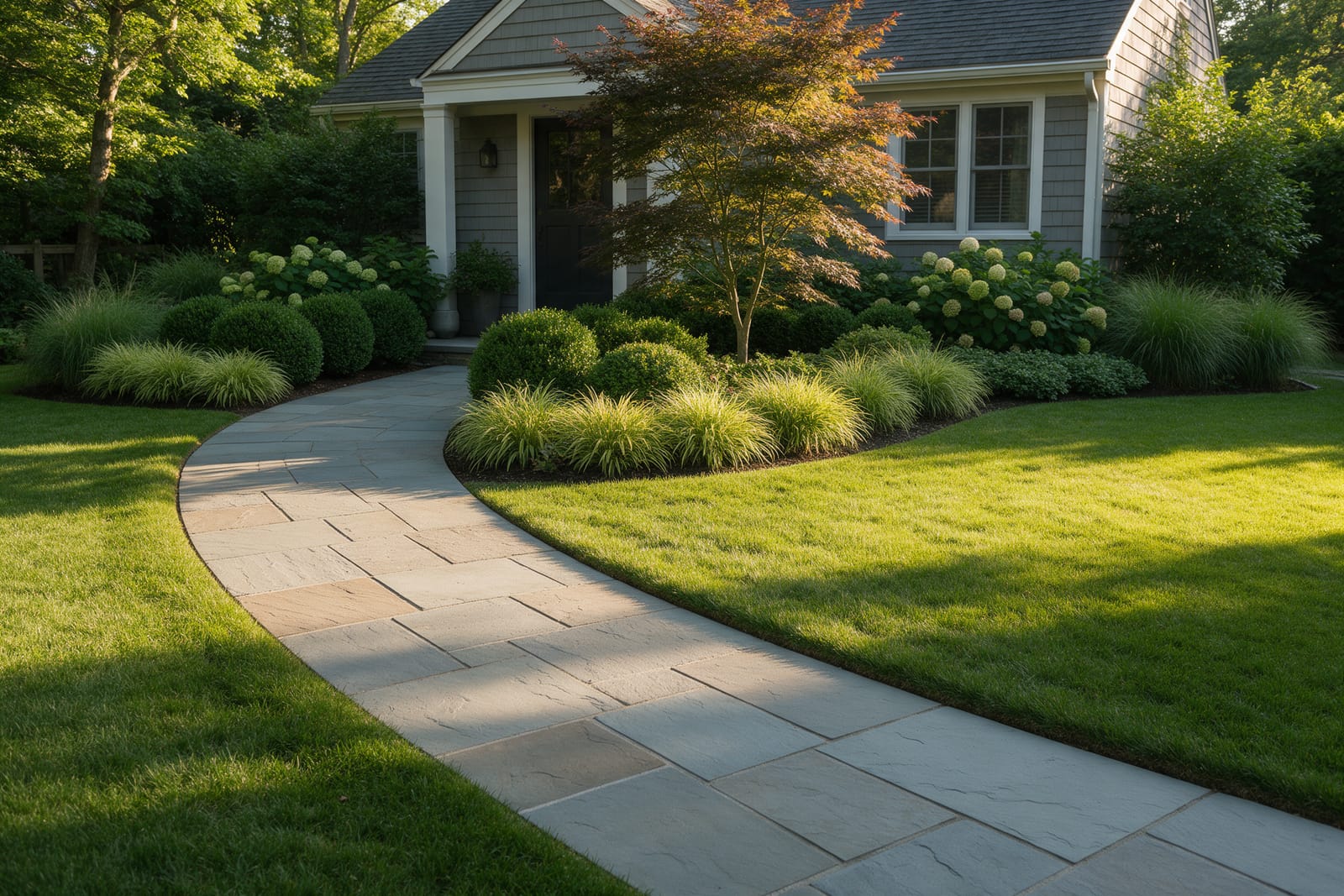 A front yard with a wide curving bluestone entry walk, layered foundation planting and a Japanese maple beside a gray-shingle house.