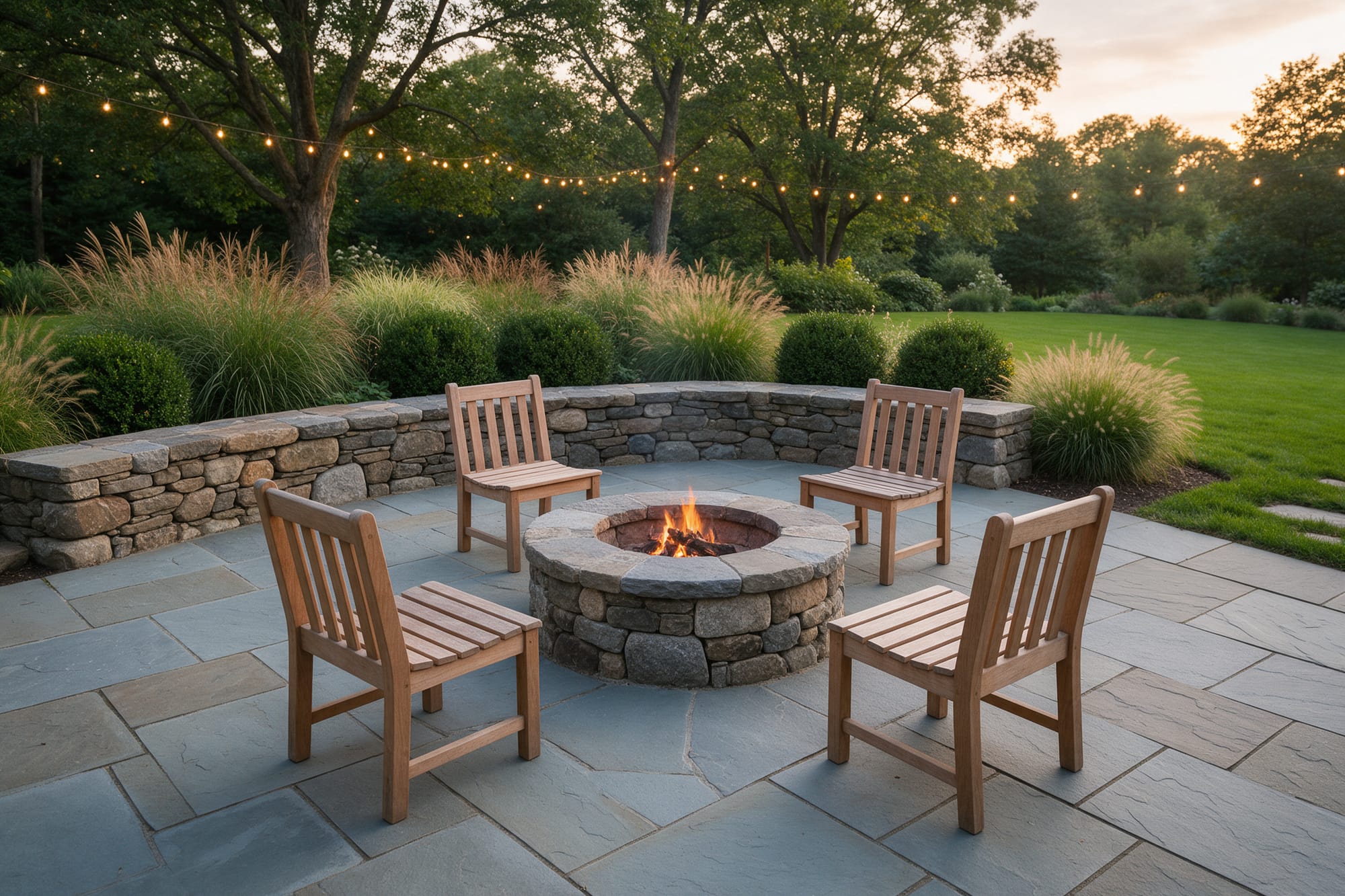 A bluestone patio at dusk with a round fieldstone fire pit, four teak chairs, a low stone seating wall and string lights in the trees.