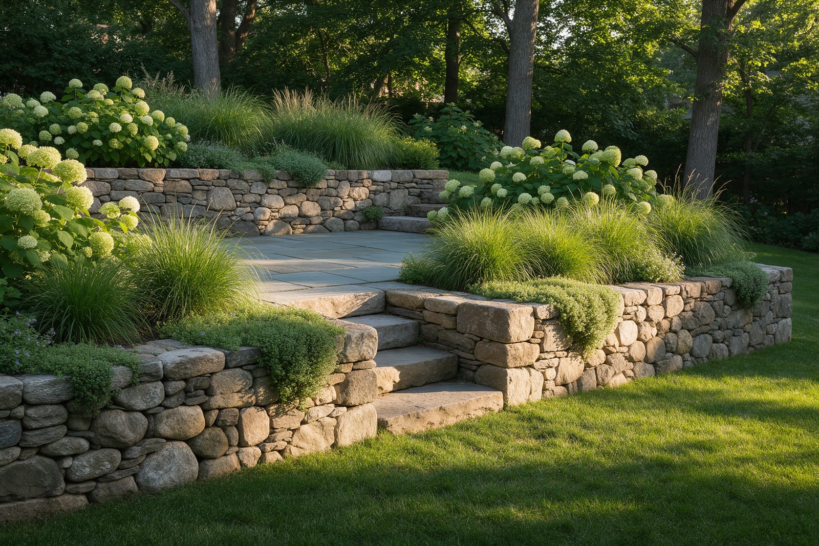 A sloped backyard rebuilt as two planted terraces with dry-stacked stone walls and natural stone steps between them.