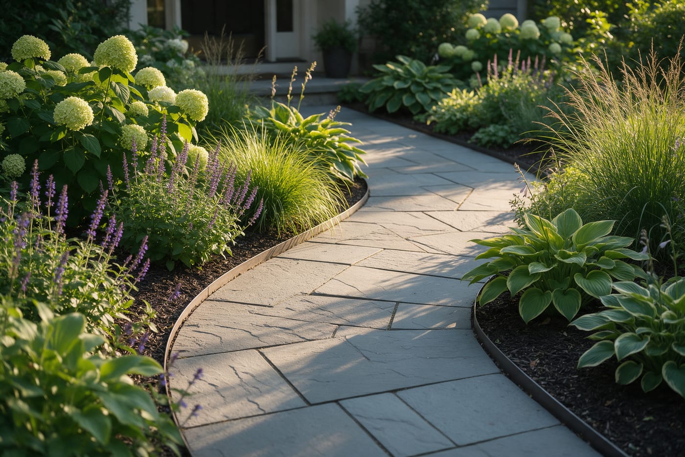A curving bluestone walkway through beds of hydrangea, salvia and hosta, leading to a front door.