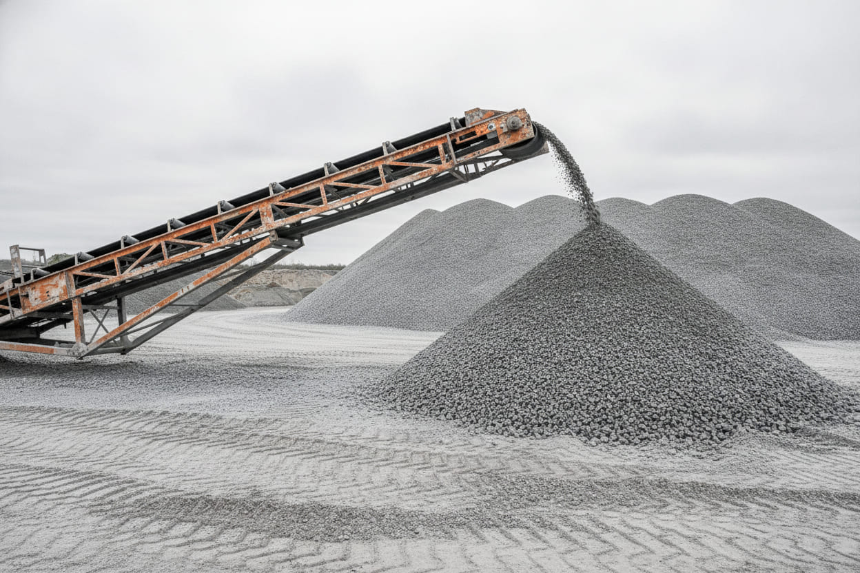 A radial stacking conveyor building a conical stockpile of crushed stone in the aggregate yard.