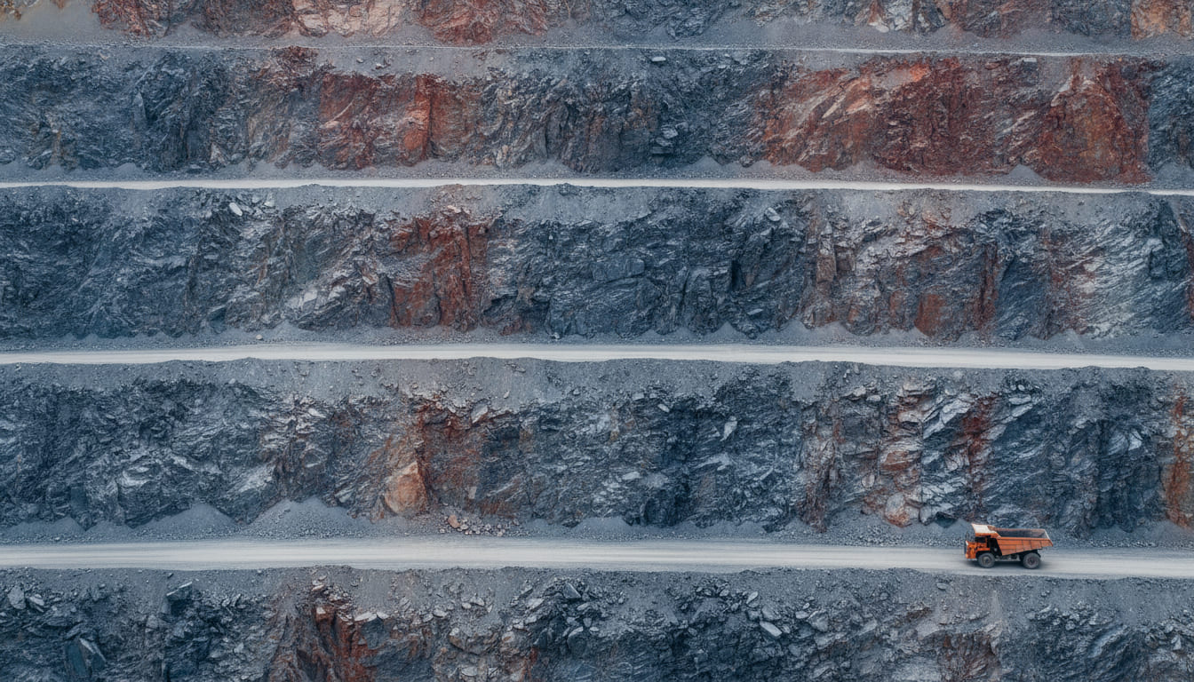A pit wall of stacked benches seen straight on: bands of blue-grey magnetite and rust-red hematite, with a haul road between each pair and a single truck small on one road for scale.