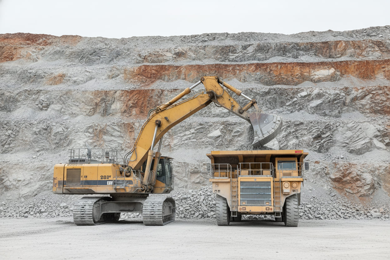 A hydraulic mining excavator swinging a bucket of broken rock over the bed of a rigid haul truck on the pit floor.