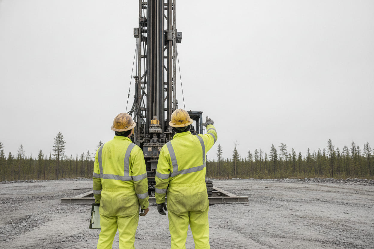 Two crew members in hard hats and high visibility jackets standing at the base of a drill on a bench, seen from behind, looking up at the mast.