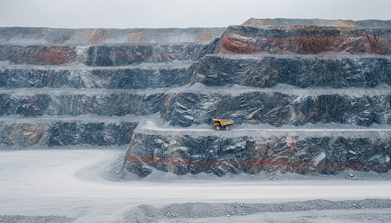 The working face of an open-pit iron mine: stepped benches of freshly blasted rock banded blue-grey and rust red, with a haul truck small on a lower terrace for scale.
