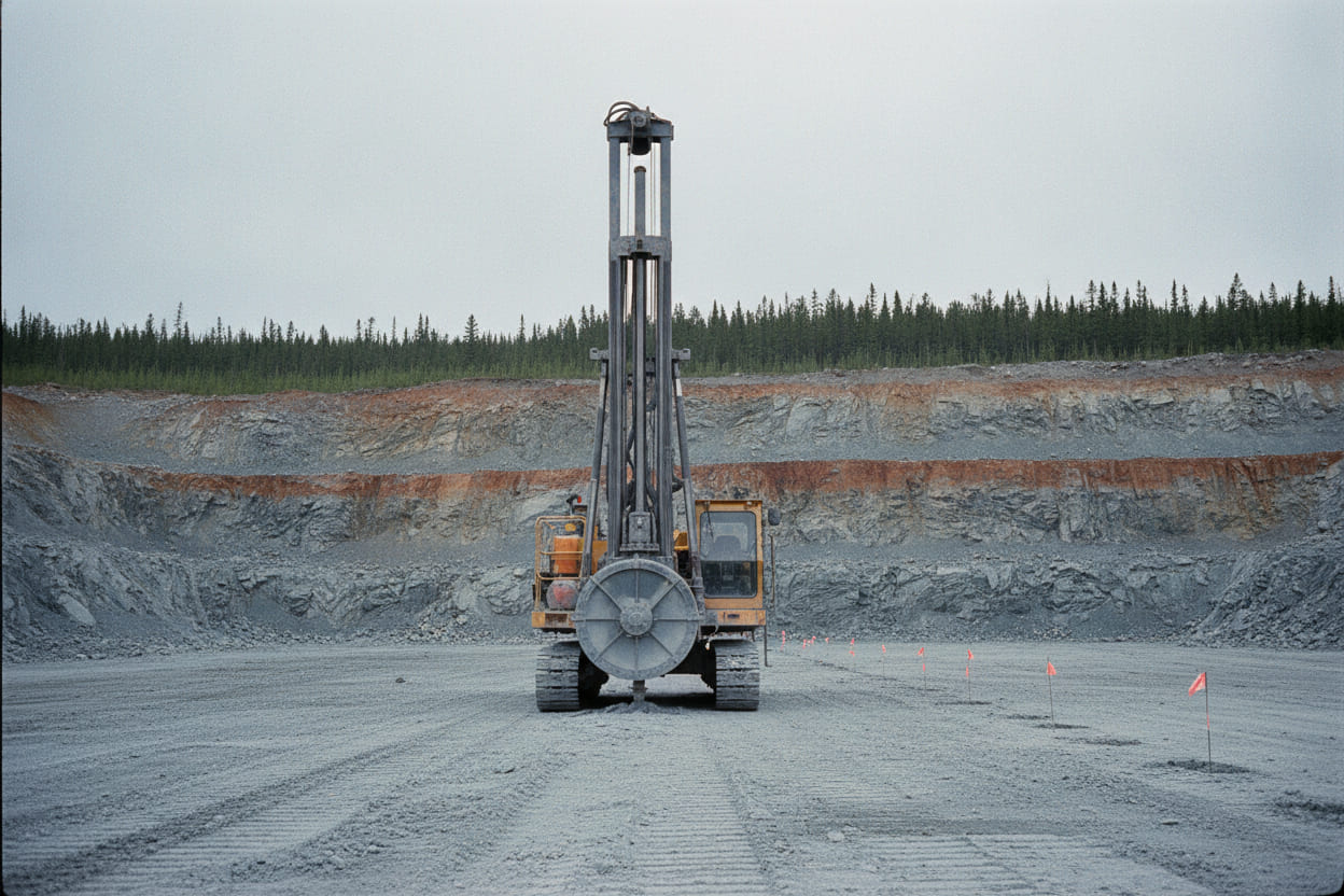 A crawler blasthole drill standing on a pit bench, mast vertical over a row of collared holes, spruce treeline behind.