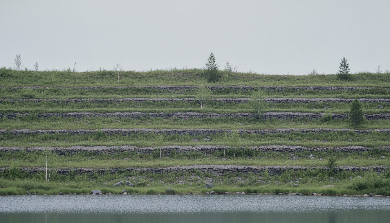 A reclaimed mine bench: the stepped terraces still clearly readable under established grass and young birch and pine, with a settling pond at the base.
