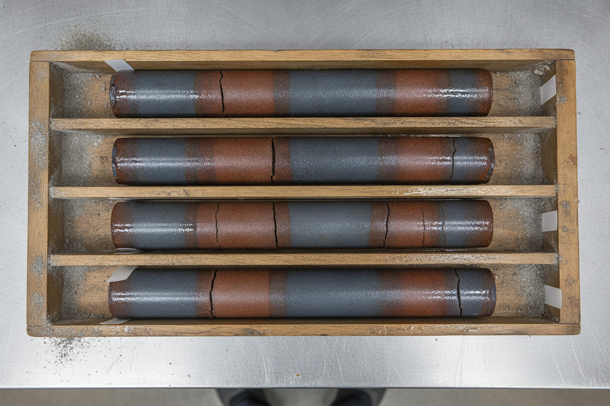A wooden core box holding four rows of drill core, banded dark blue-grey and rust red, with blank depth tags between the segments.