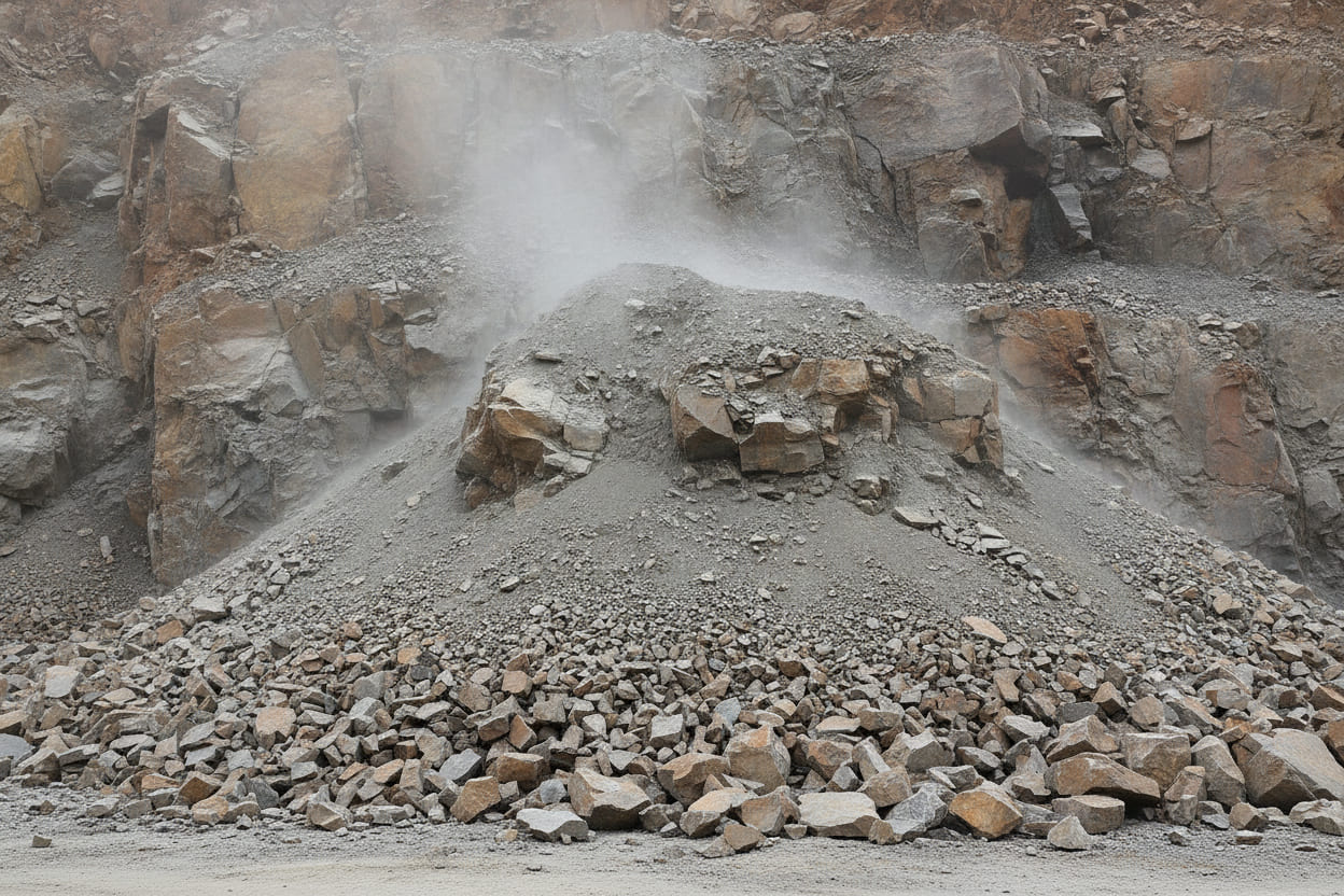 A freshly blasted muckpile spilling from the toe of a bench face, the broken rock evenly sized, dust still hanging.