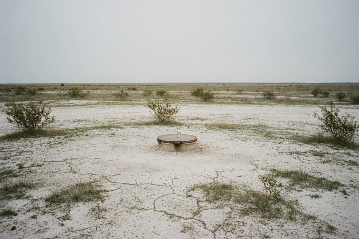 A plugged and abandoned well: the casing cut off at ground level under a welded steel cap, the old pad regraded and growing back.