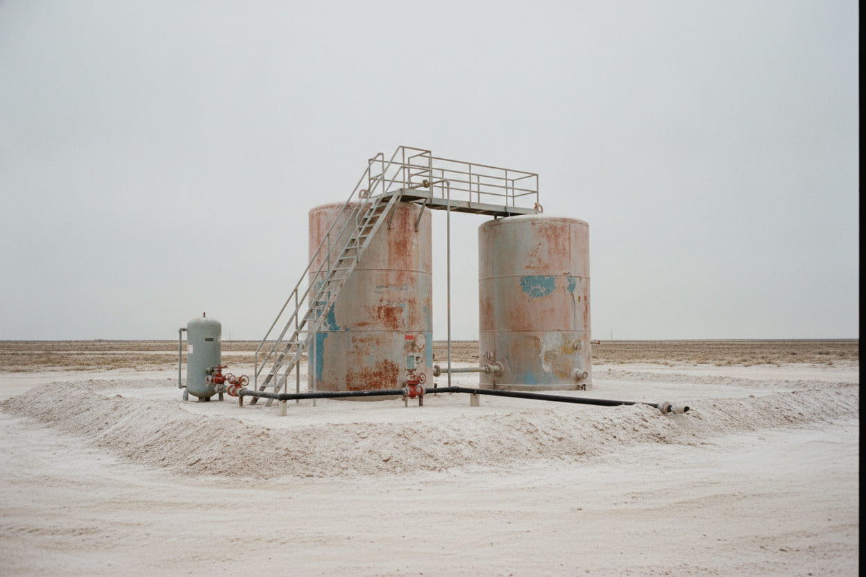 A small lease tank battery: two weathered steel tanks inside an earthen berm with a separator and a manifold of chipped valves.