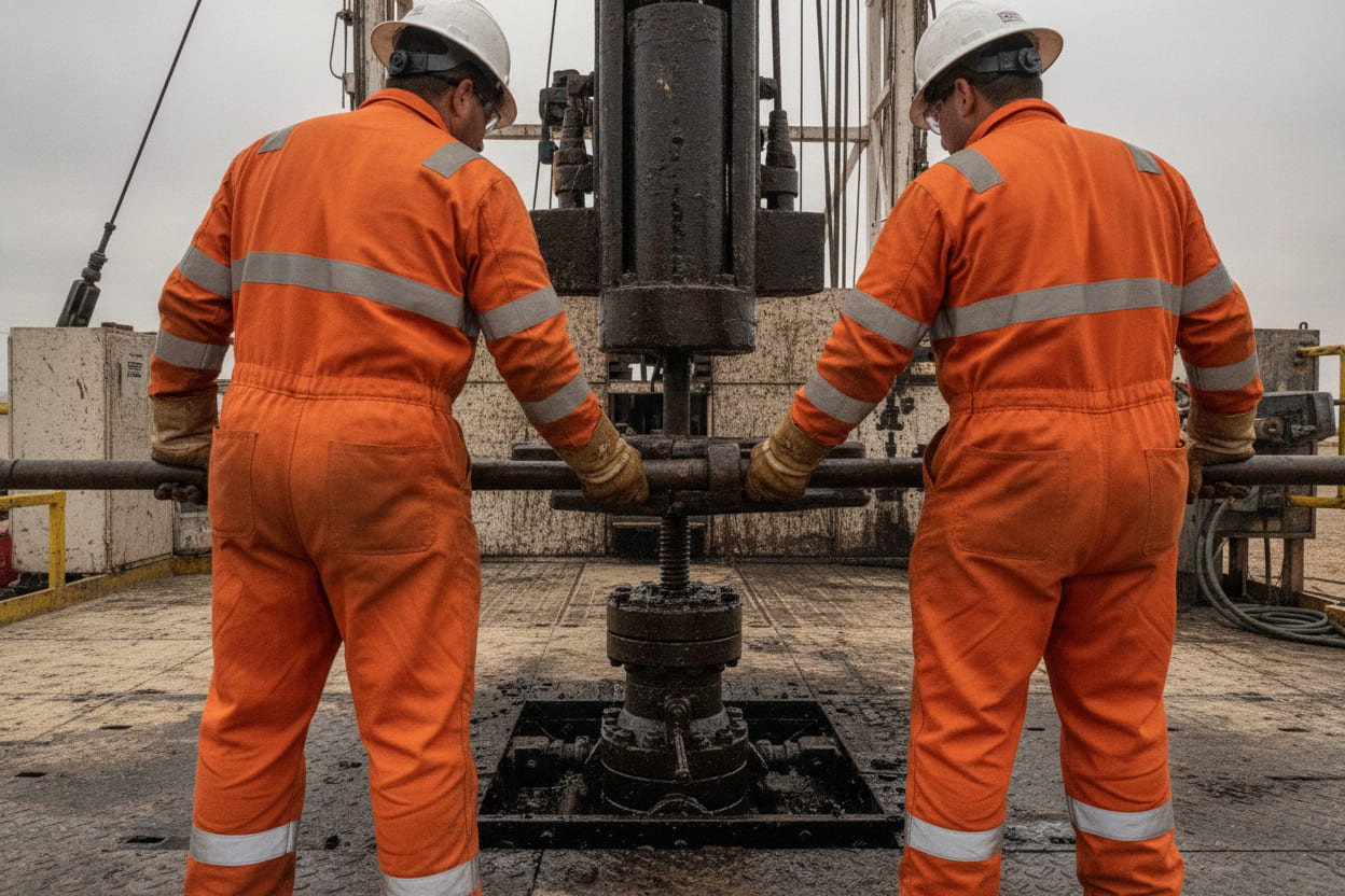 Two crew members in orange flame-resistant coveralls and hard hats working at the wellhead on the floor of a workover rig, seen from behind.
