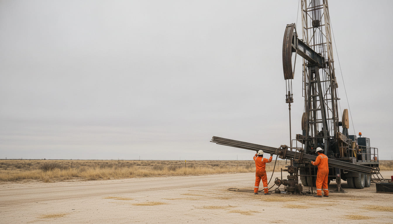 Two crew members in orange flame-resistant coveralls and hard hats pulling a stand of sucker rods at a wellhead, with the pulling unit and its mast behind them on a flat West Texas lease under an overcast sky.