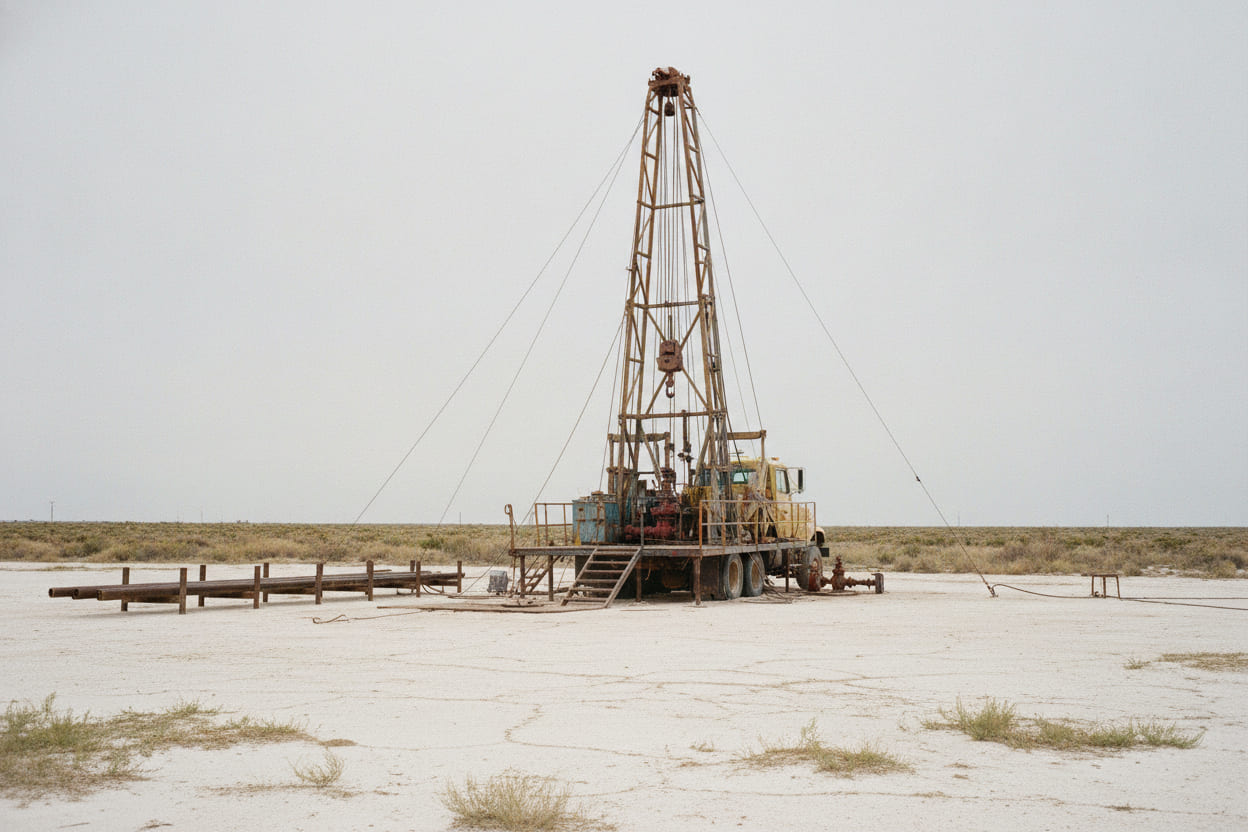 A truck-mounted workover rig with its mast raised and guyed over a wellhead on a caliche lease pad, tubing racked to one side.