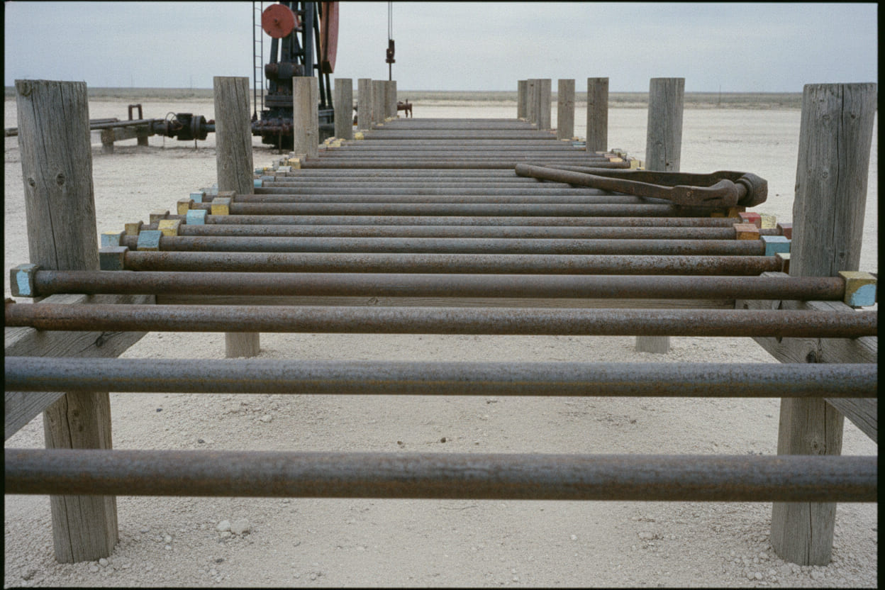 Sucker rods laid in rows on a timber pipe rack beside a well, wrench flats and painted collars visible, rod tongs across the end.