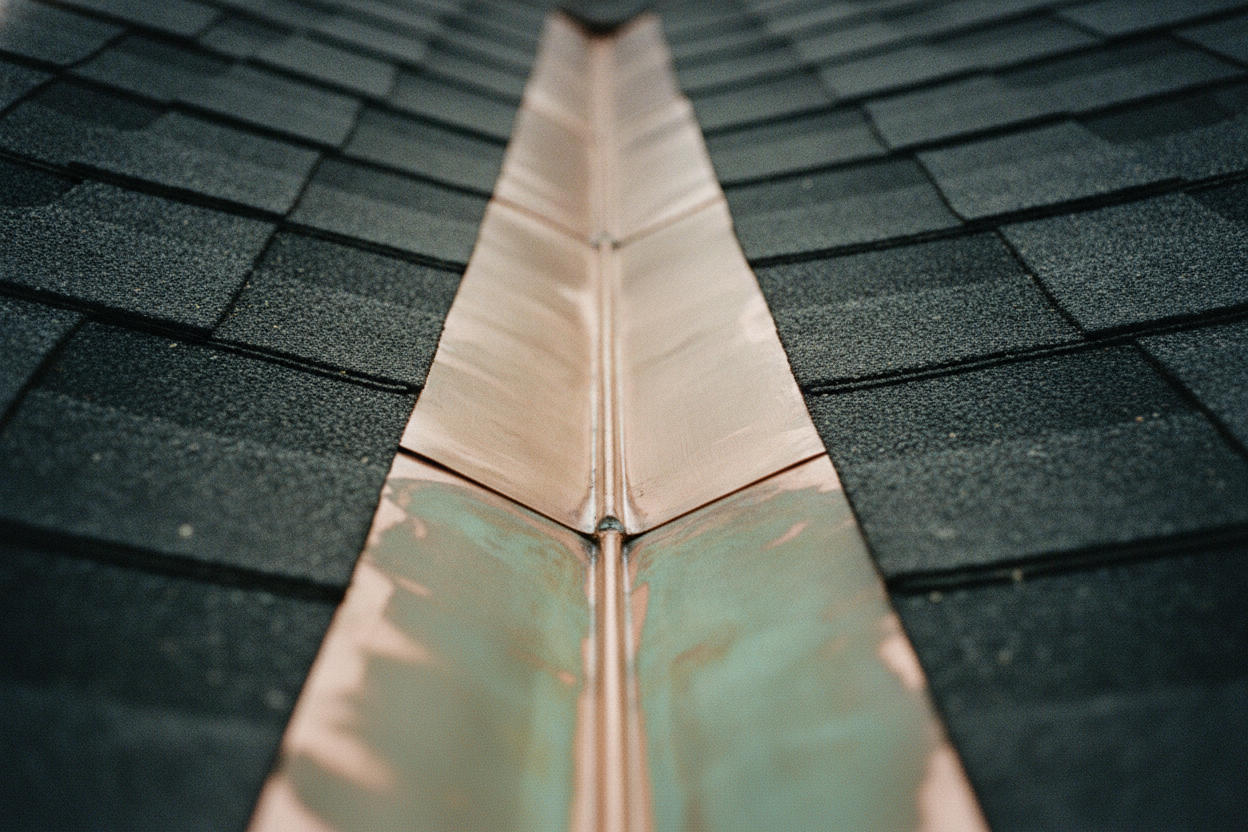 Close view along a soldered copper valley between two planes of charcoal shingles: the seam runs down the centre, half the sheet still bronze and half turned soft green.