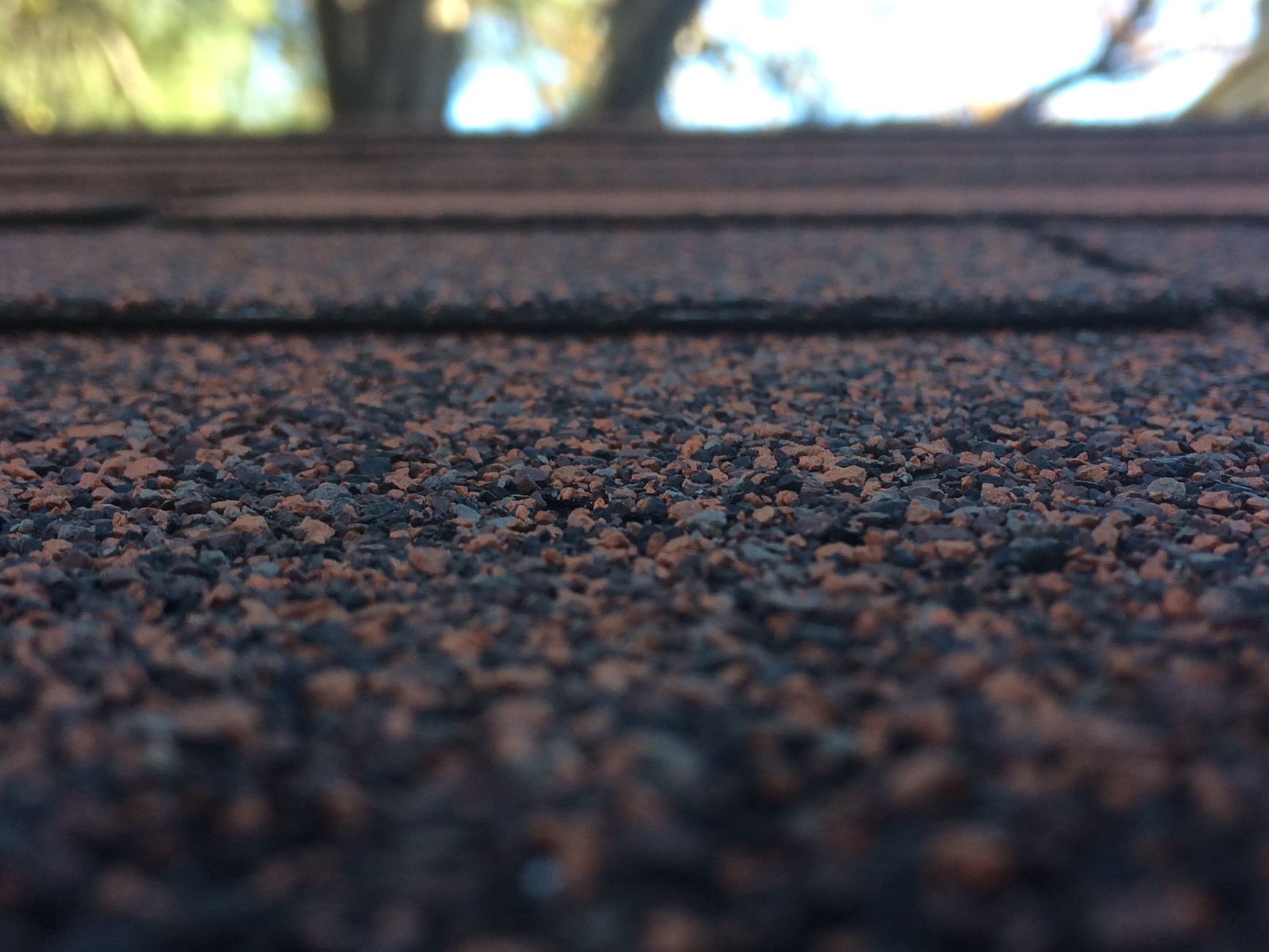 Close macro of asphalt shingle surface: crushed orange and charcoal mineral granules embedded in the asphalt, with the edge of the course above out of focus.
