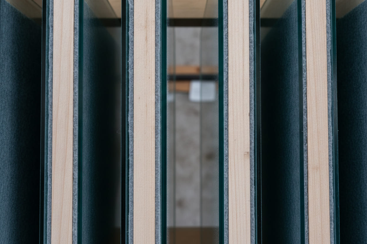 The edges of several sheets of float glass standing in a rack, each edge reading as a deep green line.