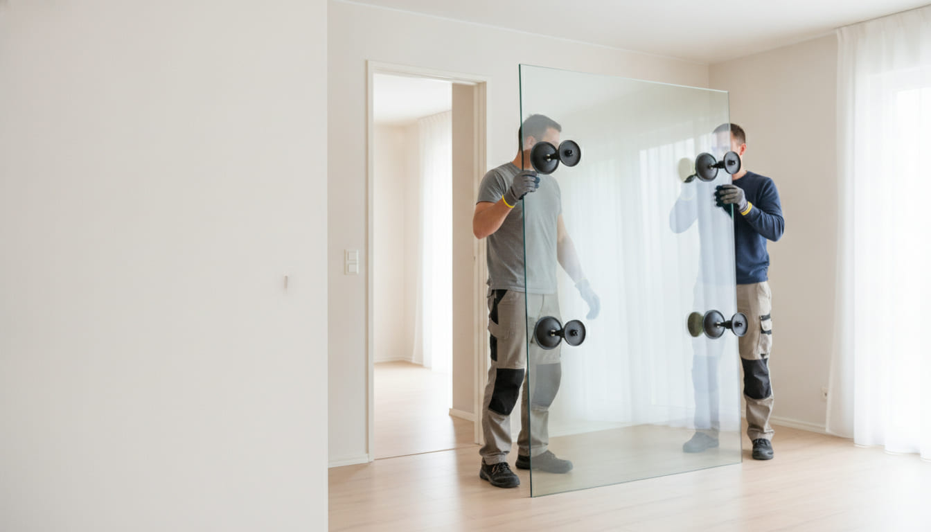 Two glaziers carrying a large clear pane upright into a house, each holding it with a vacuum suction lifter.