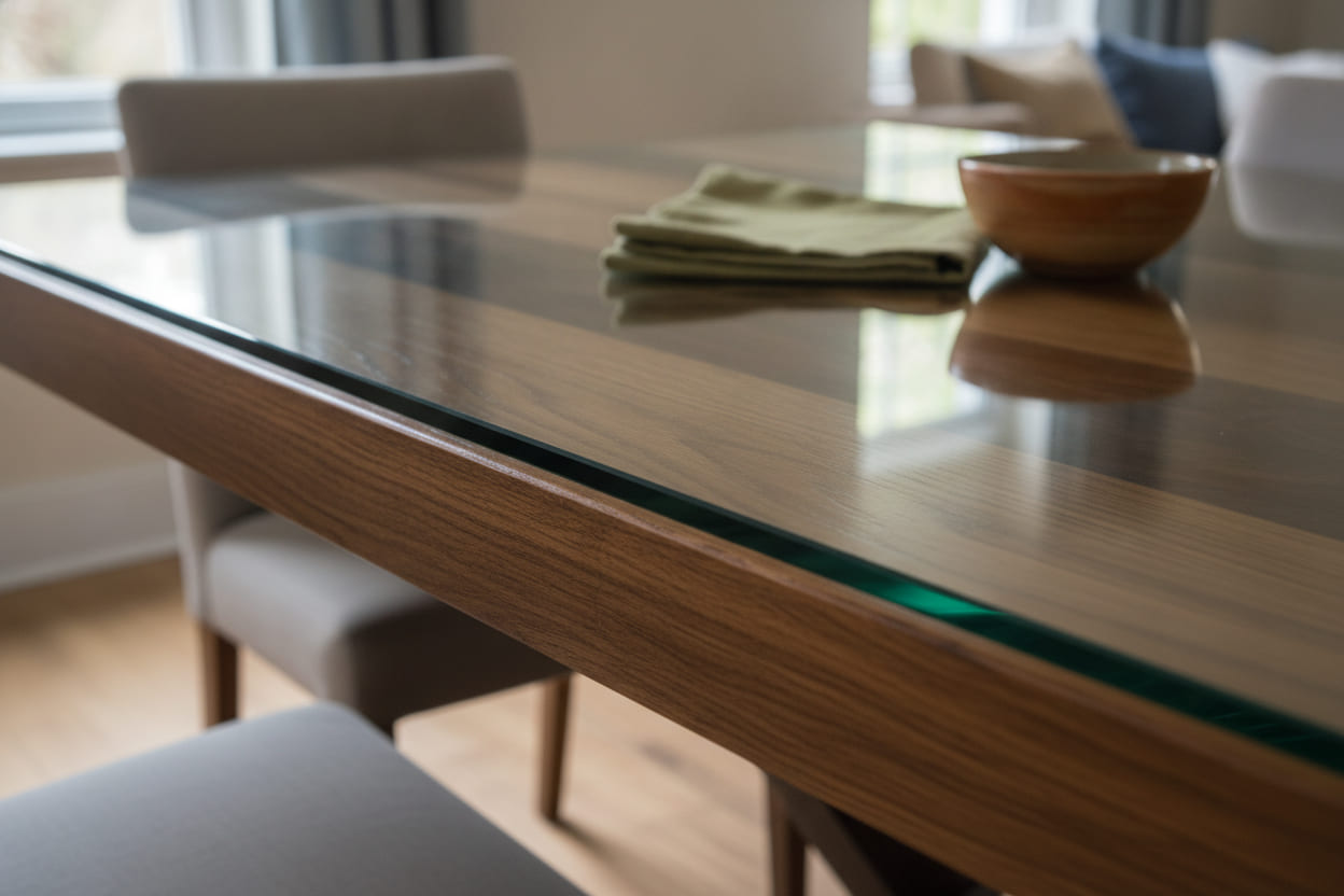 A custom glass top on a wooden dining table, its polished edge catching the light.