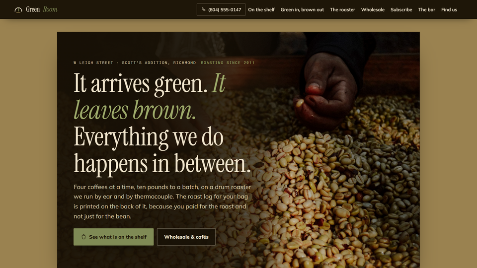 Portada del sitio de tostaduría que hicimos para Green Room Coffee Roasters.