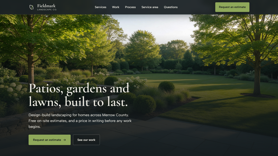 Portada del sitio de muestra de paisajismo — Fieldmark Landscape Co.