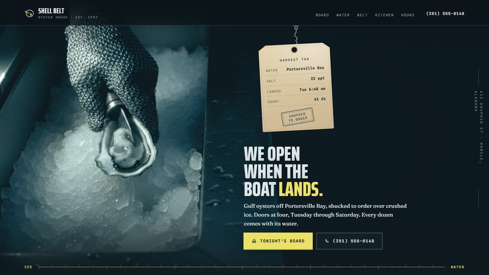 Portada del sitio de restaurante que hicimos para Shell Belt Oyster House.