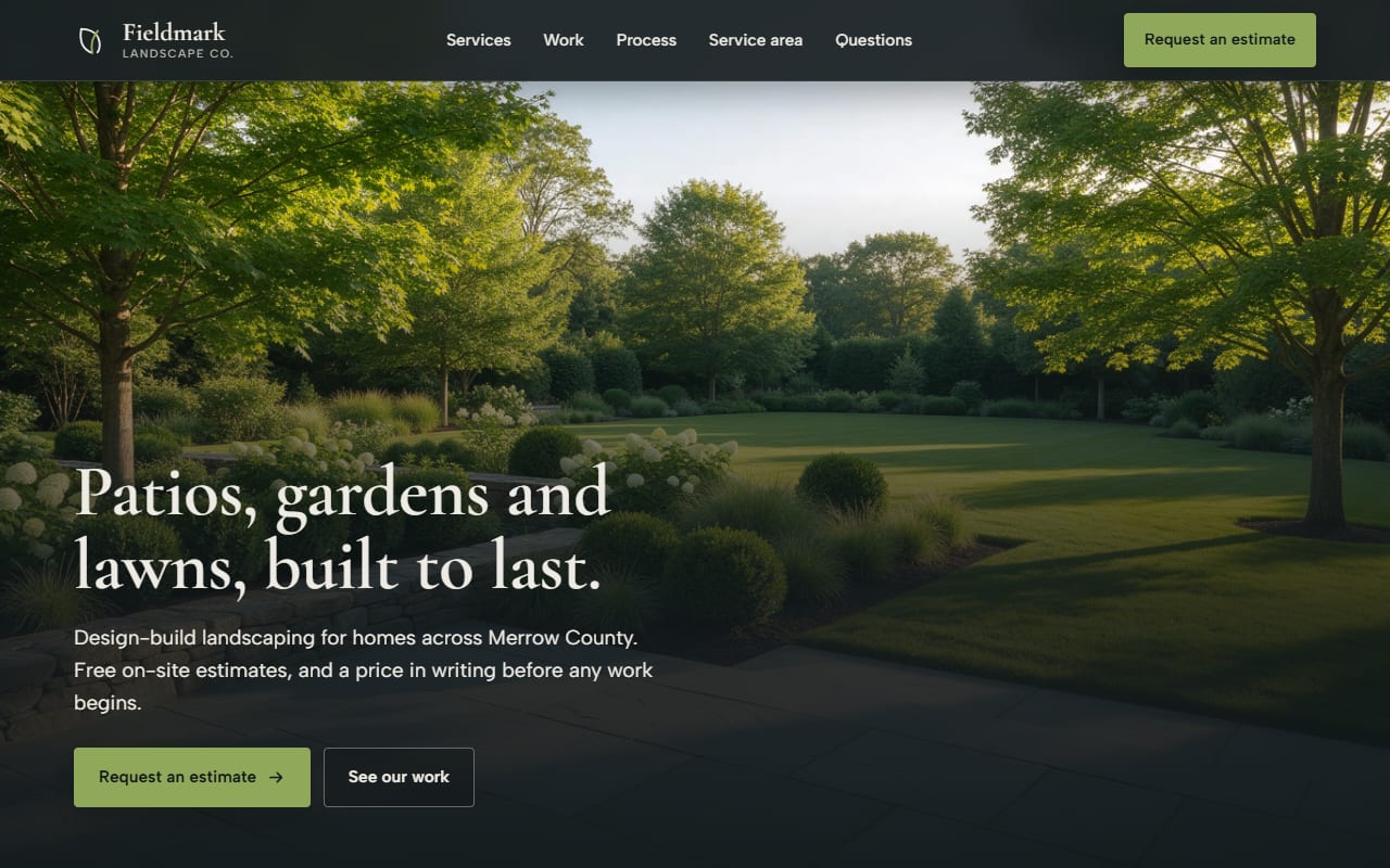 Screenshot of the sample landscaping website on a desktop screen: a large headline over a photograph of a finished bluestone terrace.